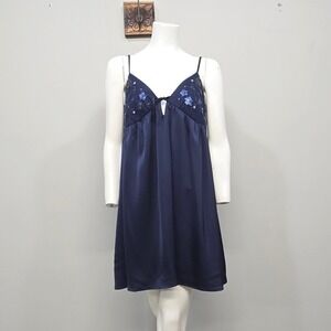 Babydoll Slip Dress Large Navy‎ Blue Satin Sequin Mini Coquette Fairy Romantic